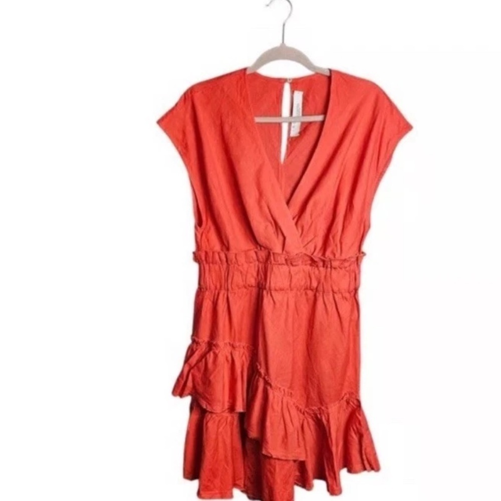 IRO “Billow” Red Ruffle Mini Dress Size 36 (US 4) Linen Blend V Neck Tiered - Picture 2 of 7
